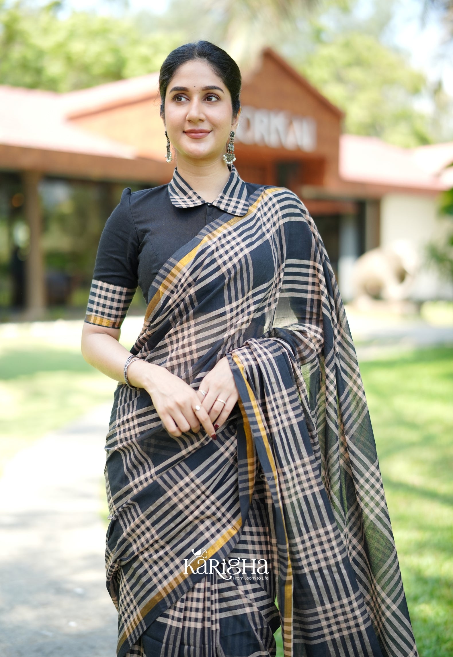 Raven Thread Check Charm Saree
