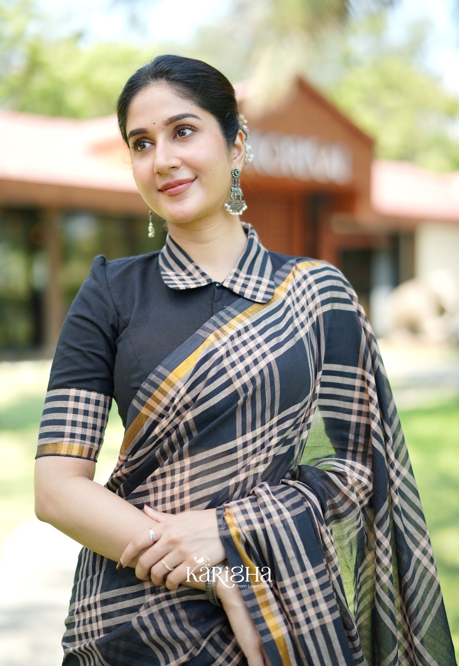 Raven Thread Check Charm Saree