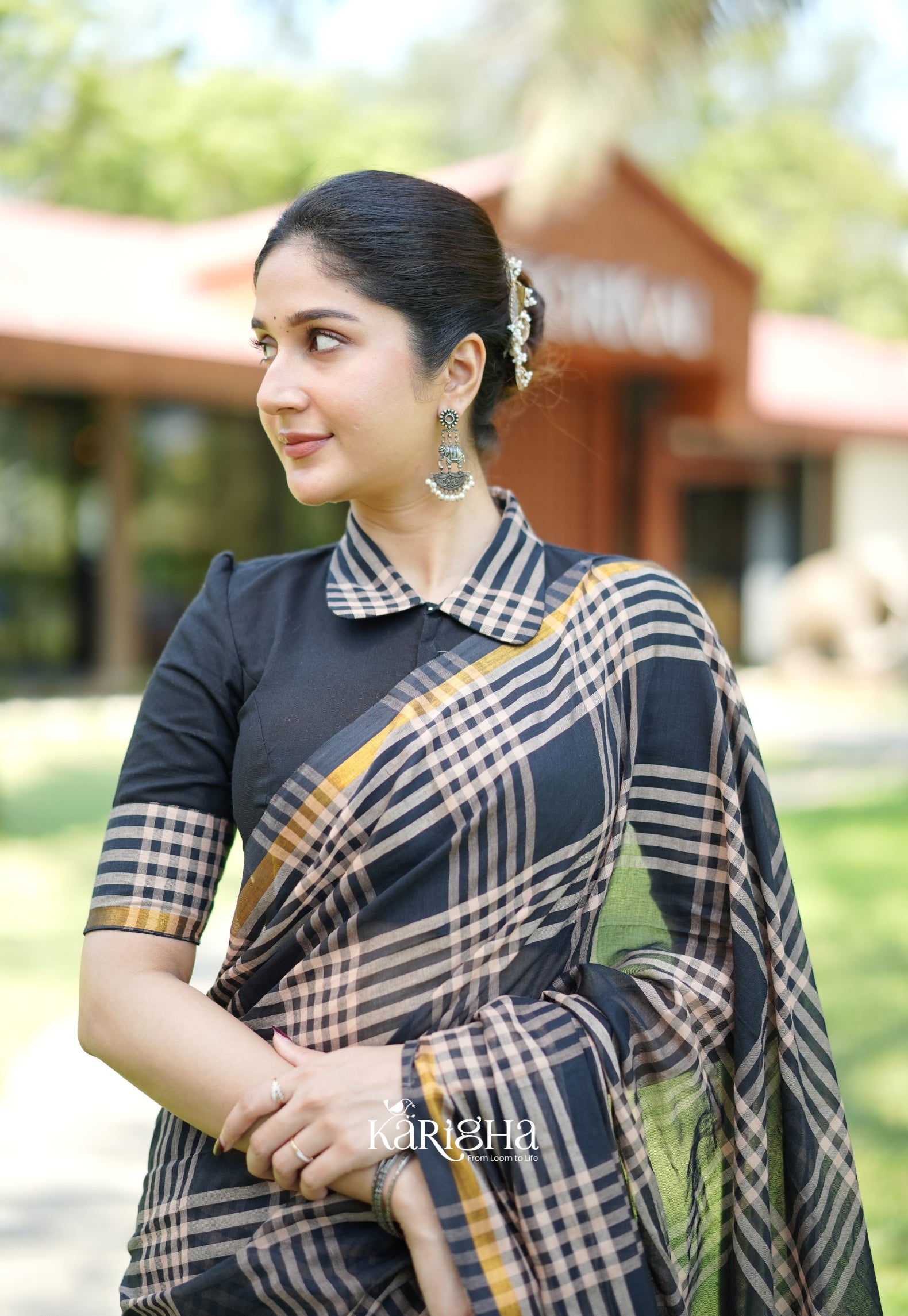 Raven Thread Check Charm Saree