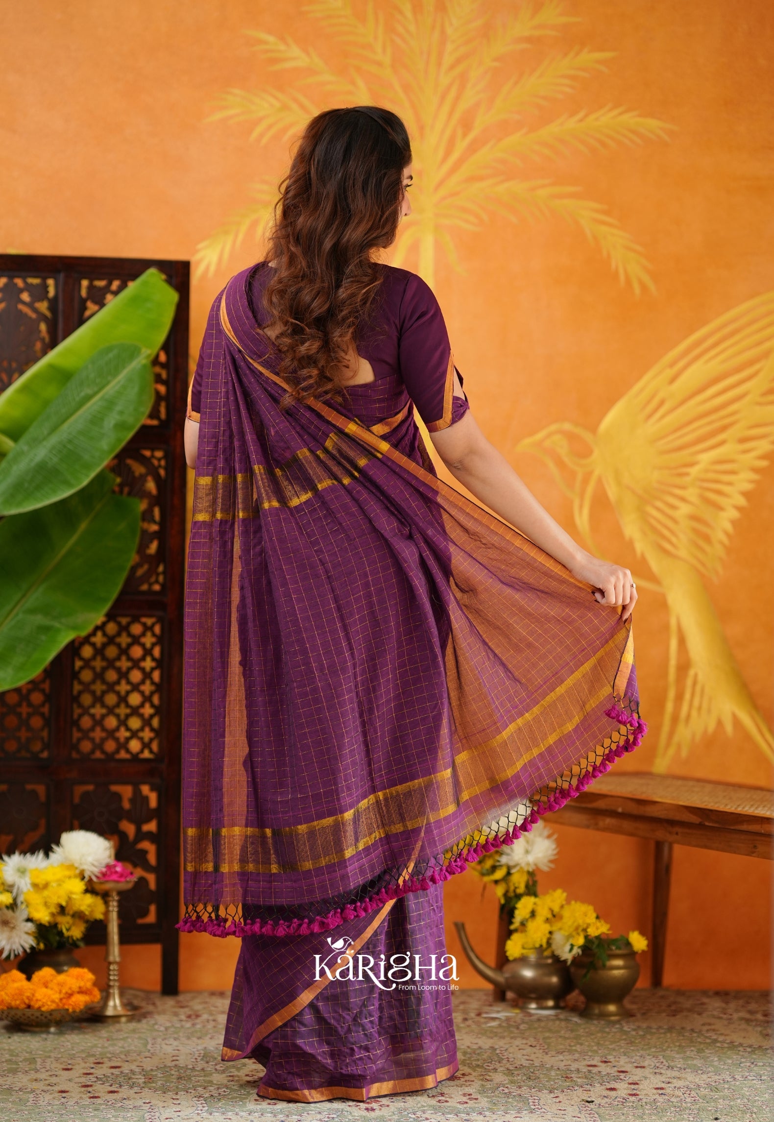 Amber Check Heritage Mul Cotton Saree