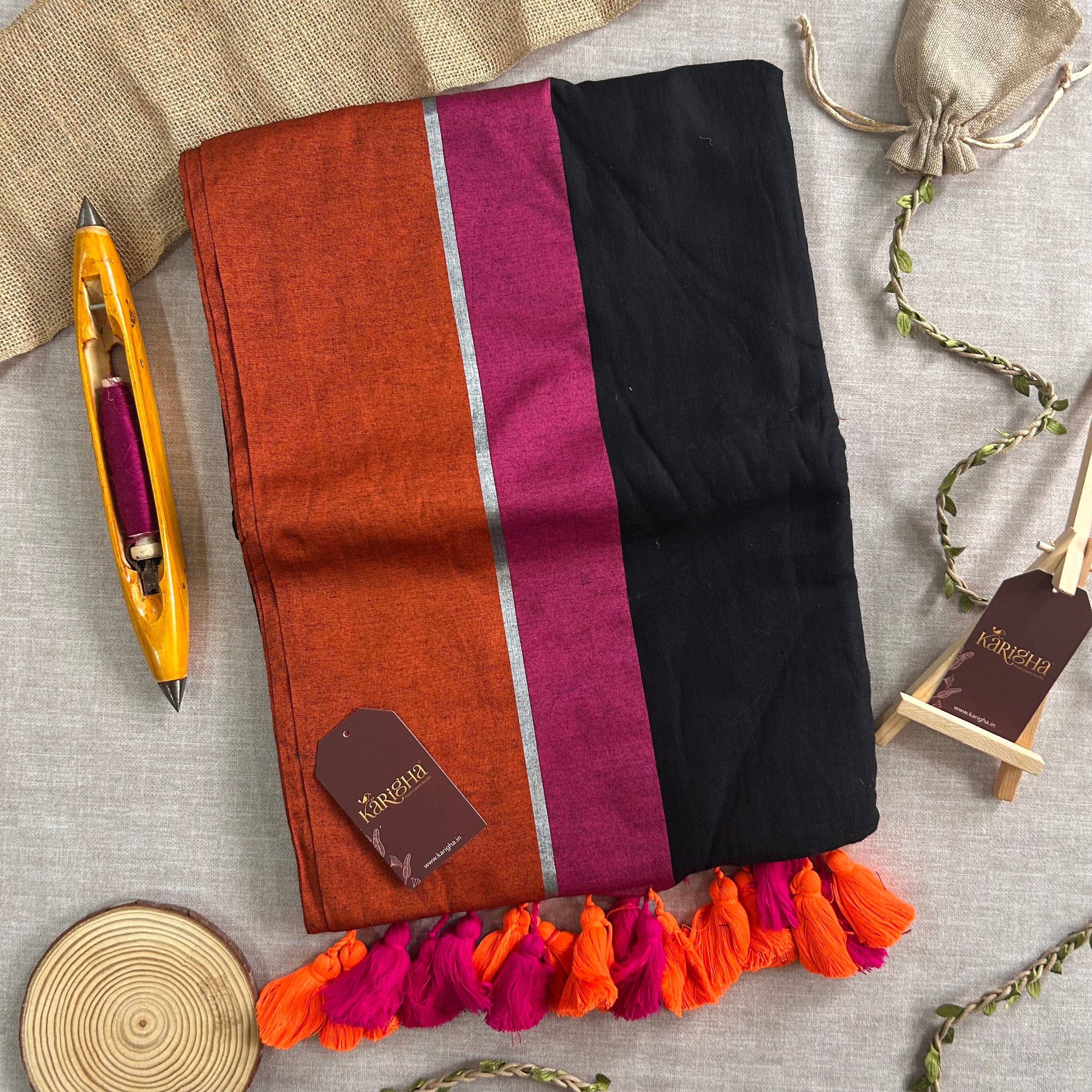 Midnight Ember – Black Mul Cotton Saree with Sunset Tassels