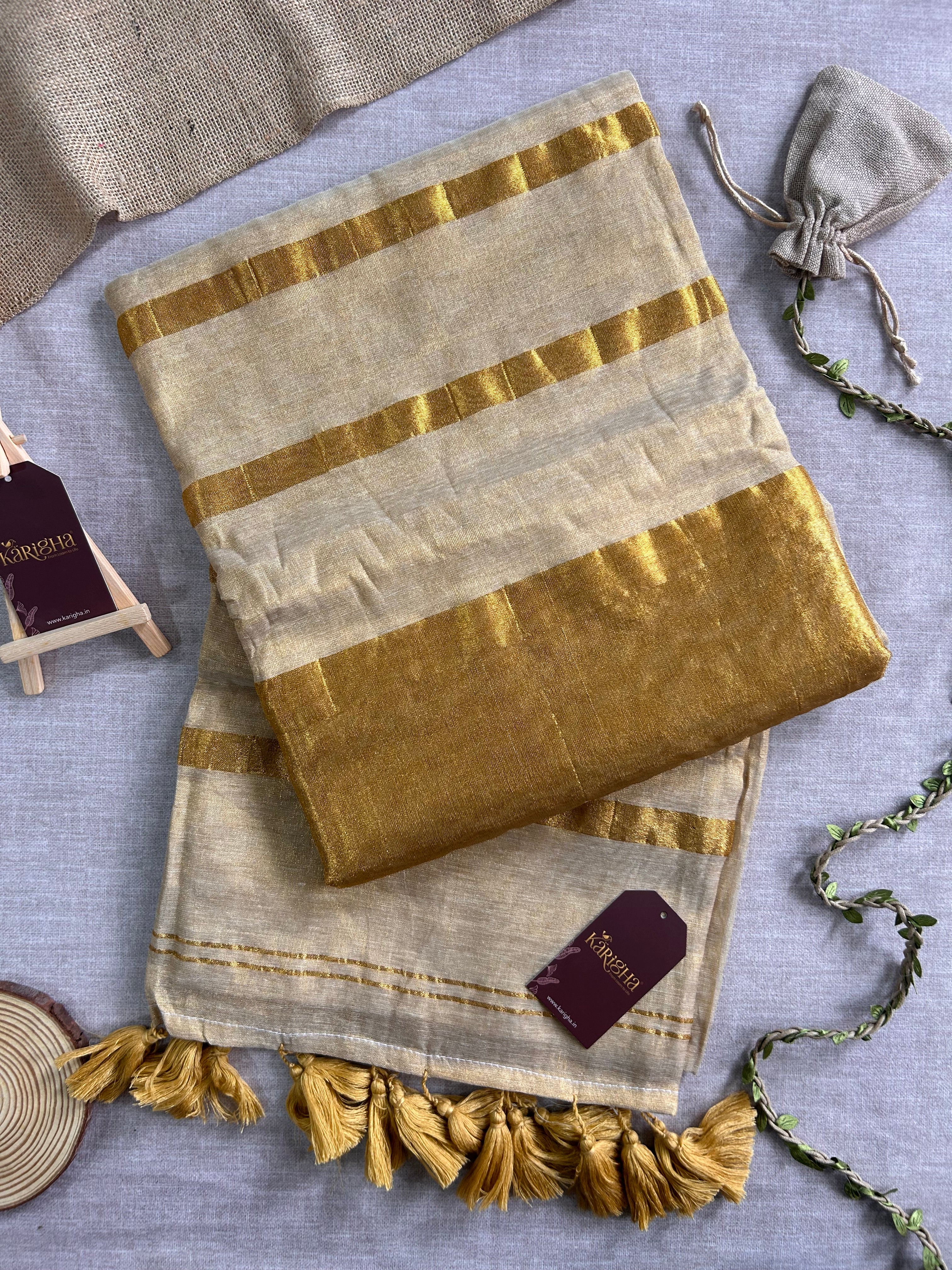 Regal Fringe Glow – Cotton Linen Saree with Rich Gold Edge