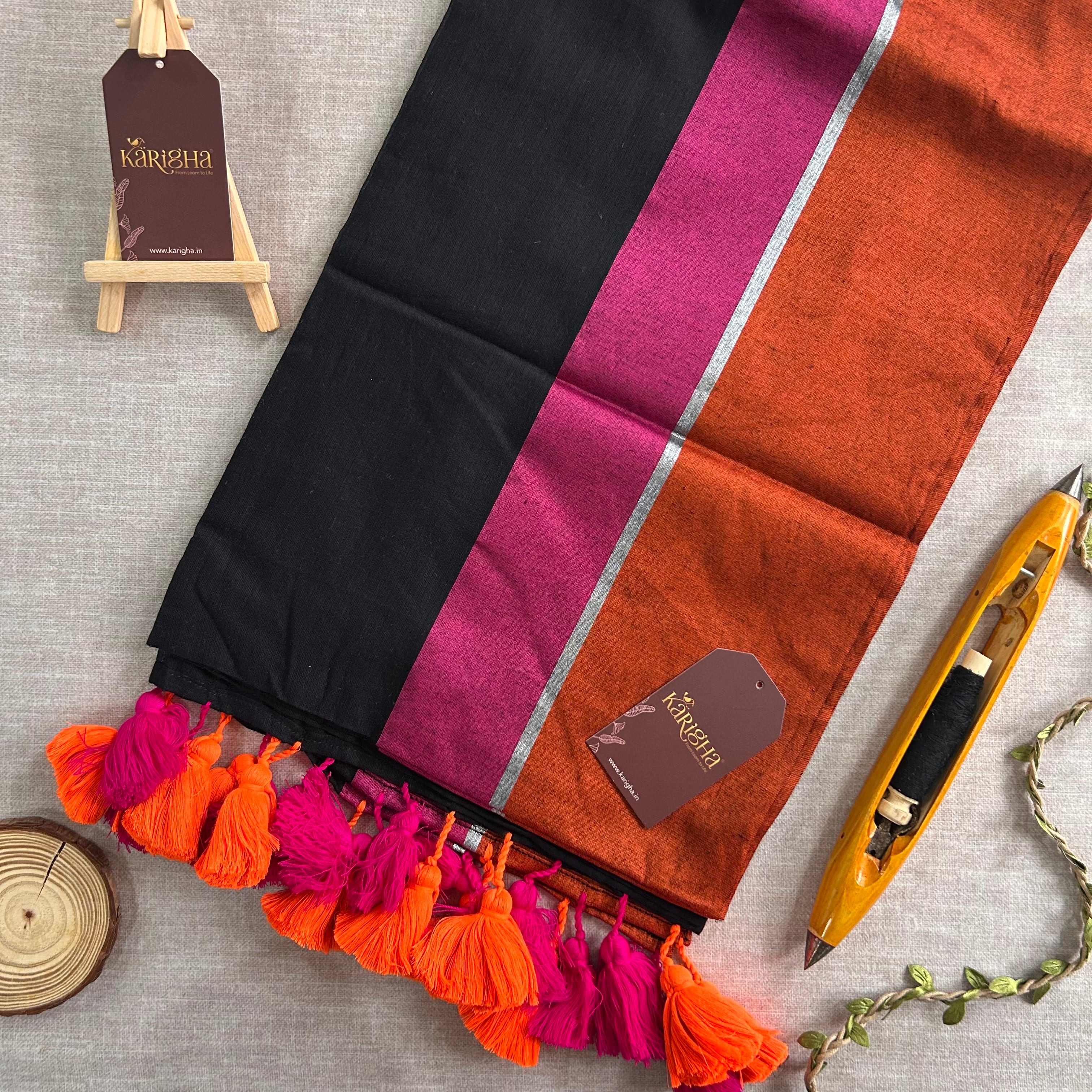Midnight Ember – Black Mul Cotton Saree with Sunset Tassels